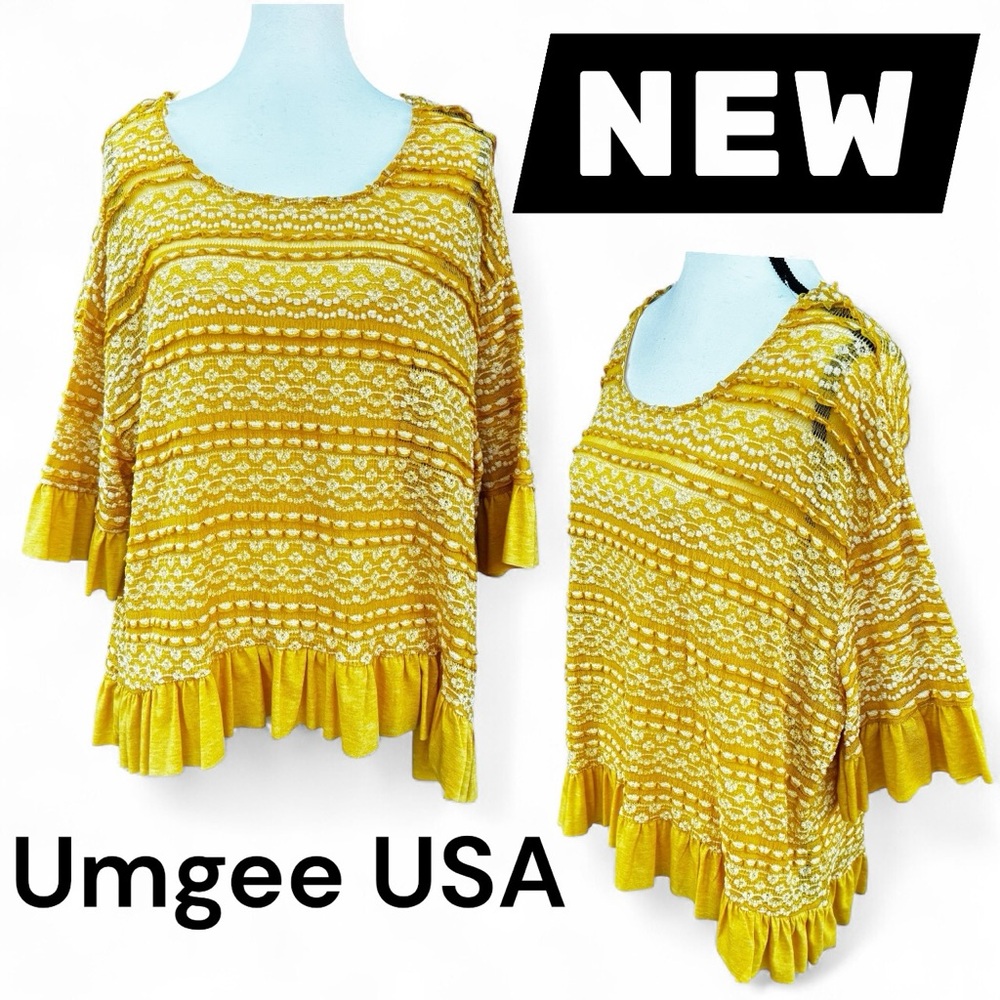 Umgee Yellow Lace Boho High Low Top Womens Size Small Crochet Sheer Tunic Blouse